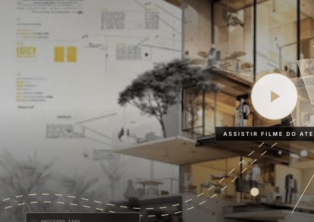 Maquete do conjunto com três pavimentos, brises verticais e cobertura sobre a praça